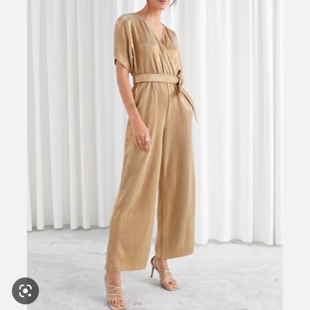 & Other Stories Plissé pleated wrap gold wide leg shimmer jumpsuit